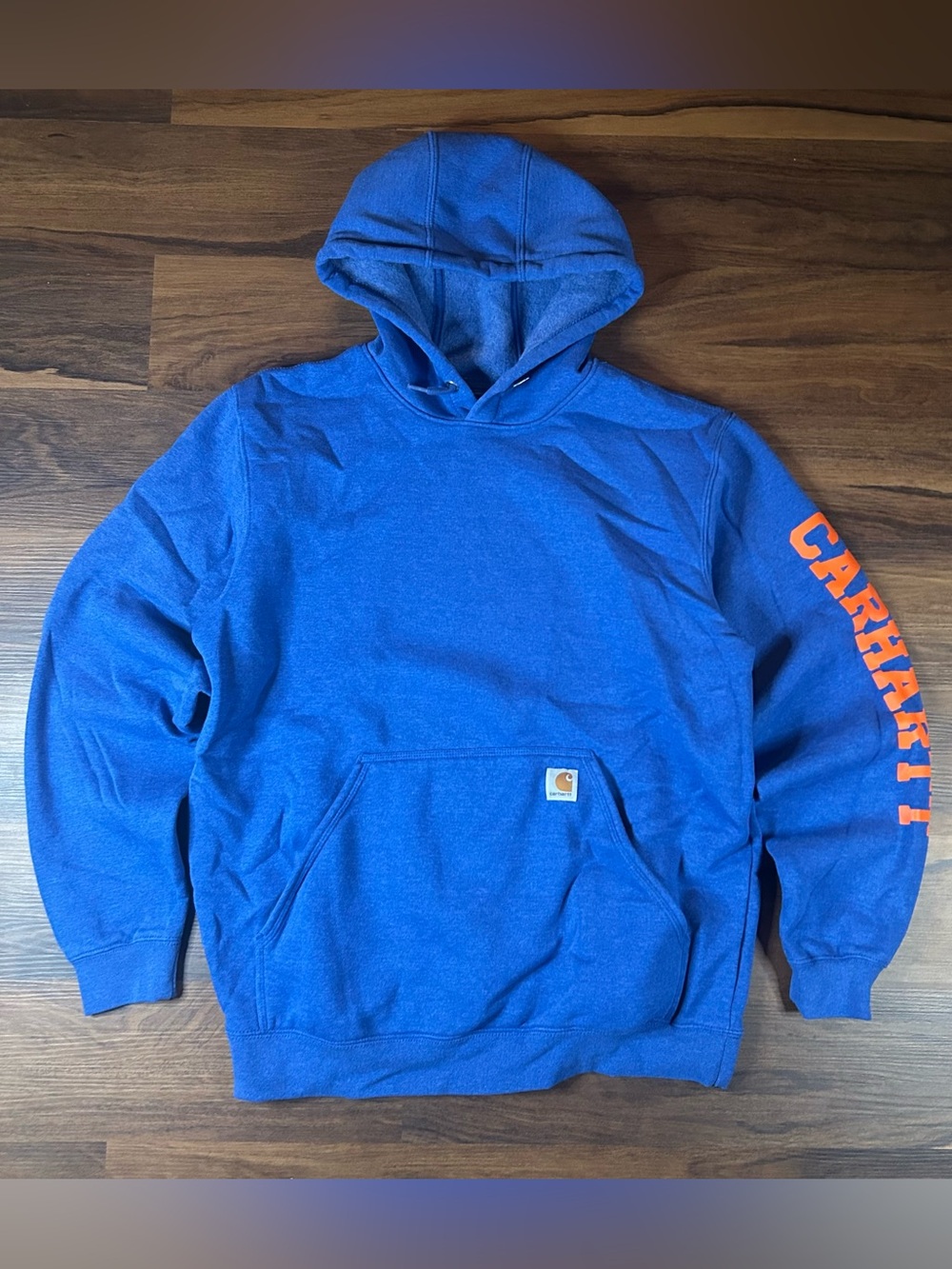 Carhartt Royal Blue Men's Pullover Hoodie with Orange Sleeve Logo